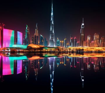 panoramic view dubai city illuminated neon spectrum